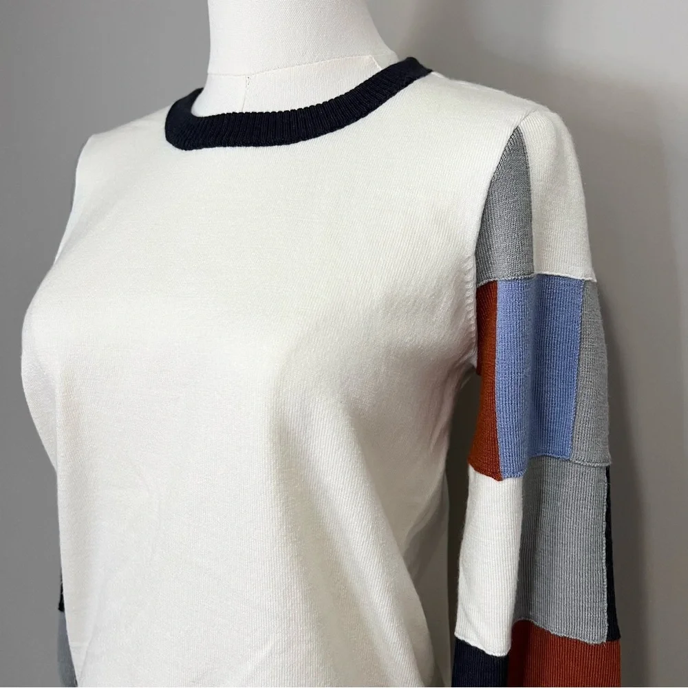 Ecru Colorblock Checkered Sleeve Sweater Size S - Picture 2 of 7